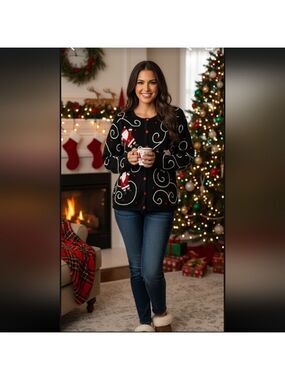 Cinnamon & Cinder Black Cardigan with Santas & Swirls Medium Christmas Sweater